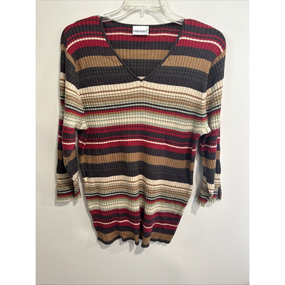 Fashion Bug Vintage XL Brown Teal Striped V‎ Neck Pullover Sweater